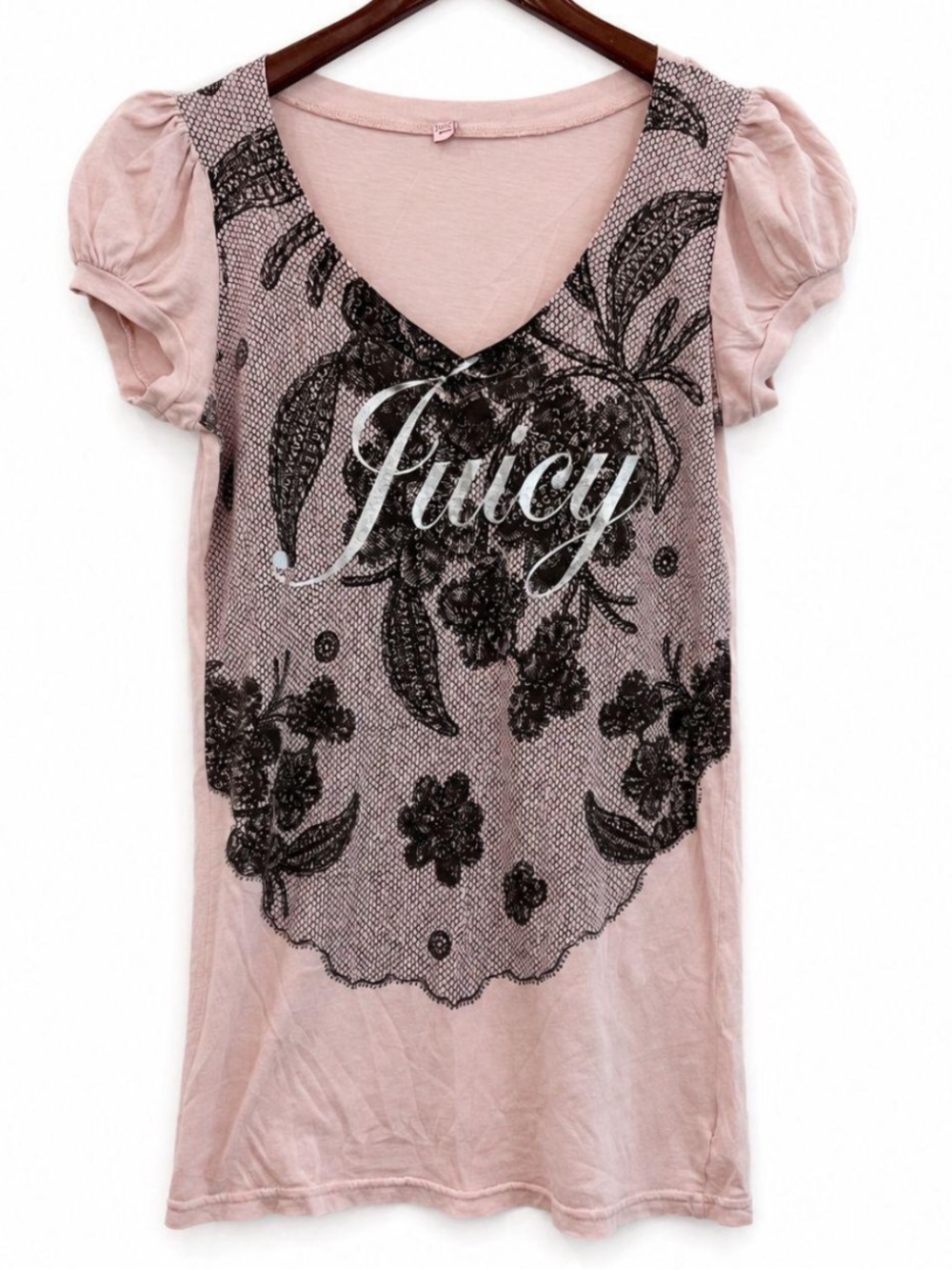 Vintage Y2K Juicy Couture Top/Tee Shirt/T-Shirt V Neck Puff Sleeve Graphic Pink